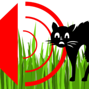 A graphic showing an ultrasonic device scaring a cat in a garden