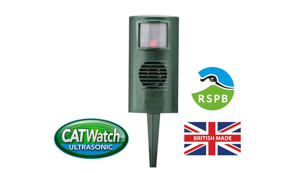 The CATWatch Ultrasonic Cat Deterrent with RSPB and British-made logos.